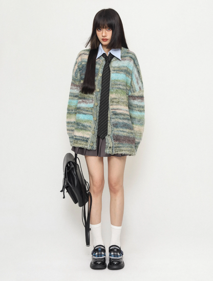 Gradient Tie-dye Loose Lazy Striped Knitted Sweater Cardigan