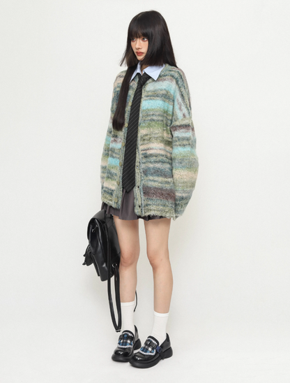 Gradient Tie-dye Loose Lazy Striped Knitted Sweater Cardigan