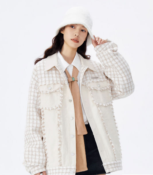 Light Apricot Fragrance Style Splicing Raw Edge Loose Jacket