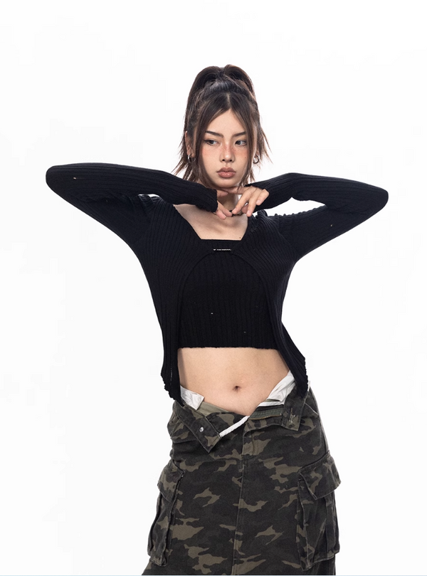 Metal Label Fake Two-piece Core-spun Yarn Sweater