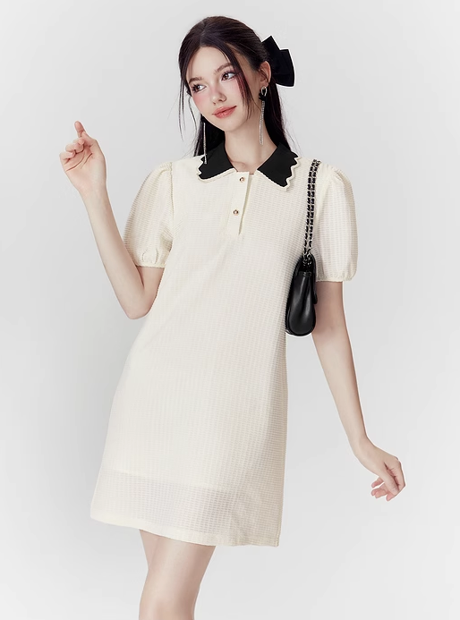 Girly Style Polo Collar Puff Sleeve Short-sleeved Dress