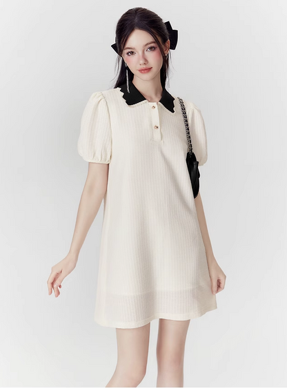 Girly Style Polo Collar Puff Sleeve Short-sleeved Dress