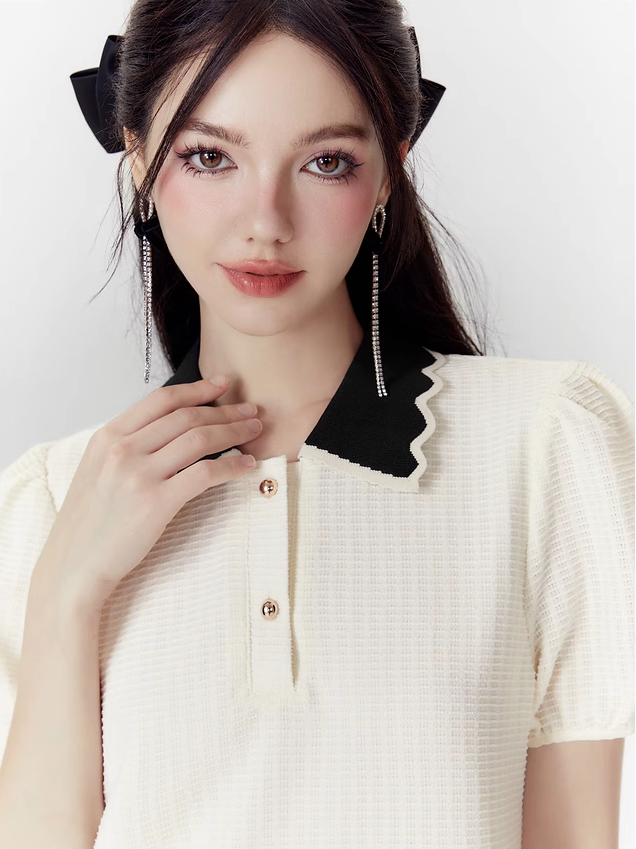 Girly Style Polo Collar Puff Sleeve Short-sleeved Dress