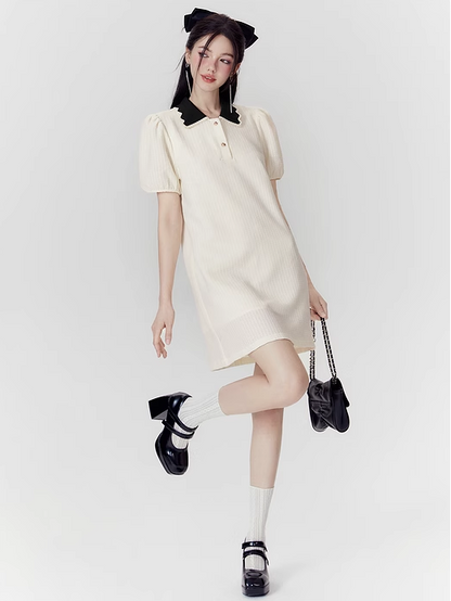 Girly Style Polo Collar Puff Sleeve Short-sleeved Dress