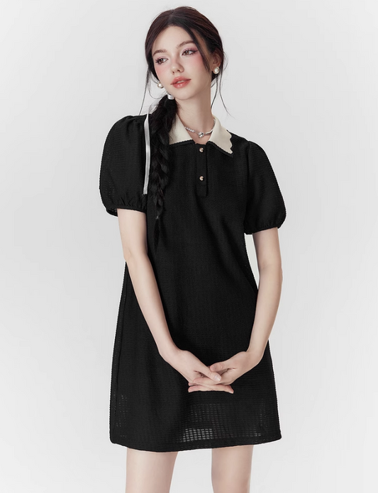 Girly Style Polo Collar Puff Sleeve Short-sleeved Dress