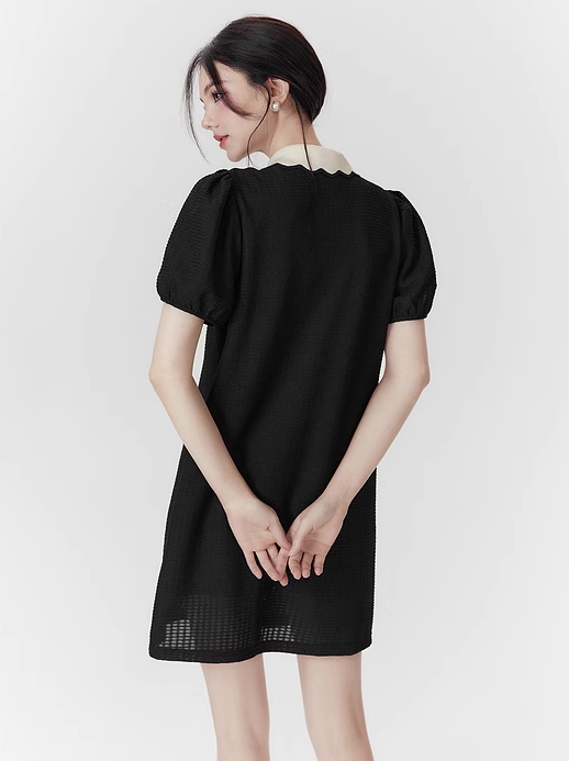 Girly Style Polo Collar Puff Sleeve Short-sleeved Dress