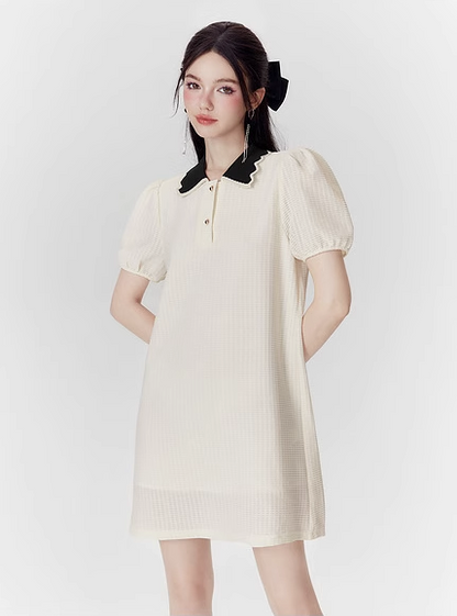 Girly Style Polo Collar Puff Sleeve Short-sleeved Dress