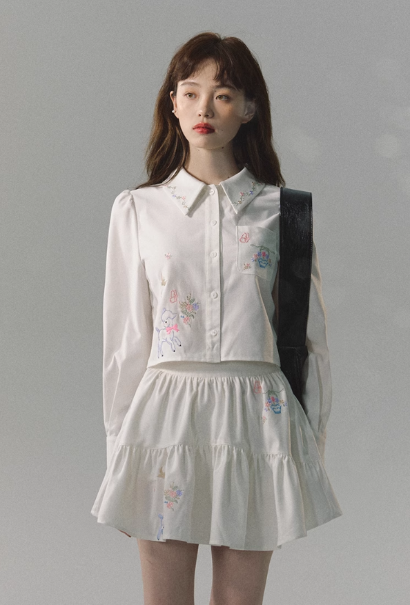 Embroidered Loose Short White Shirt &  Embroidered Skirt