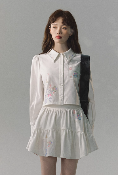 Embroidered Loose Short White Shirt & Embroidered Skirt