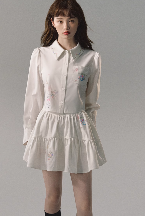 Embroidered Loose Short White Shirt & Embroidered Skirt