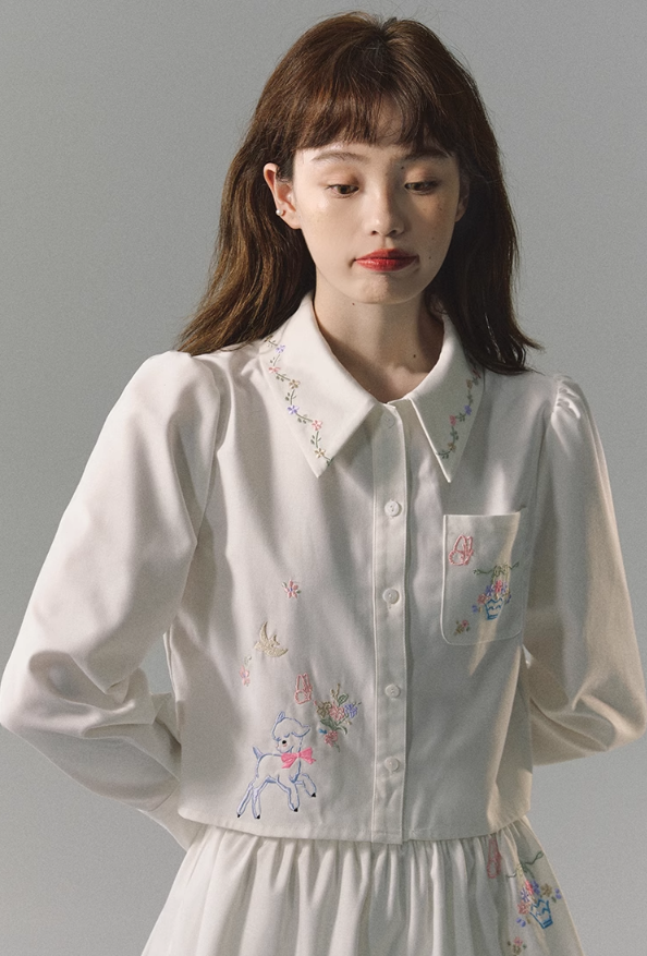 Embroidered Loose Short White Shirt & Embroidered Skirt