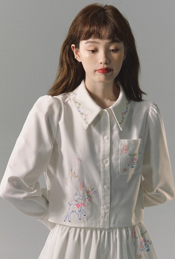 Embroidered Loose Short White Shirt &  Embroidered Skirt