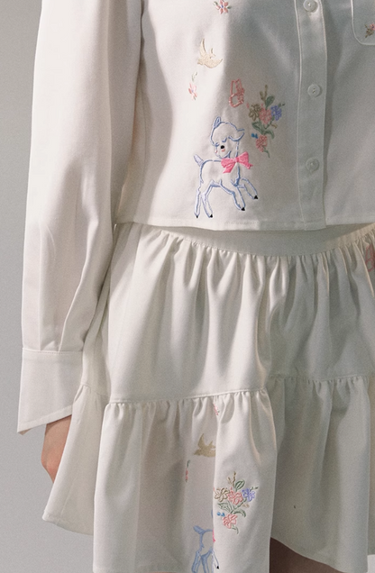 Embroidered Loose Short White Shirt & Embroidered Skirt