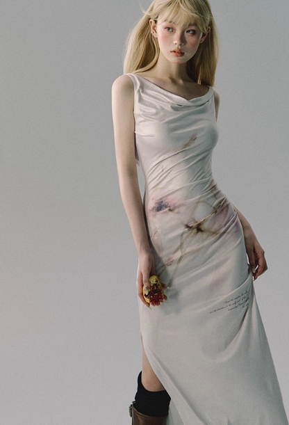 Stretch Knit Fabric Slit Floral Watercolor Dress