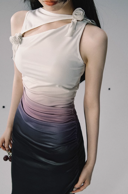 Neon Rose taillierte plissierte flache Schulter Sleeveress Gradientenkleid
