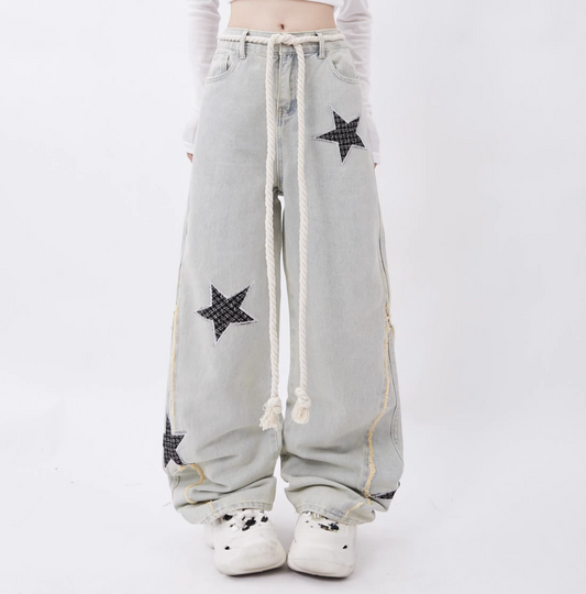 Raw Edge Embroidery Star Design Straight Pants