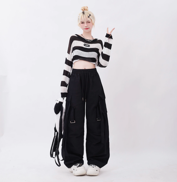 Black and White Striped Design Top & Black Pants