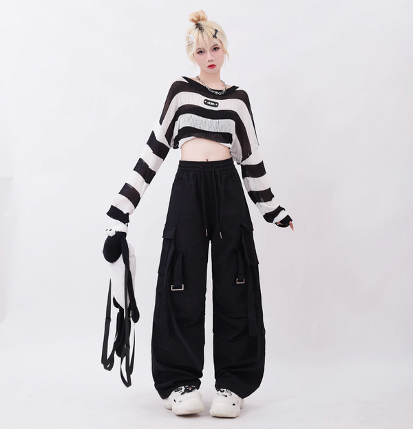 Black and White Striped Design Top & Black Pants