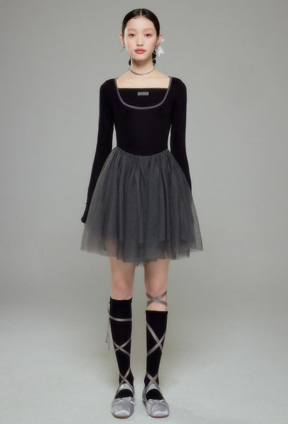 Sweet Ballet Square Neck Splicing Dress