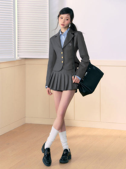 Three-piece short jacket and skirt