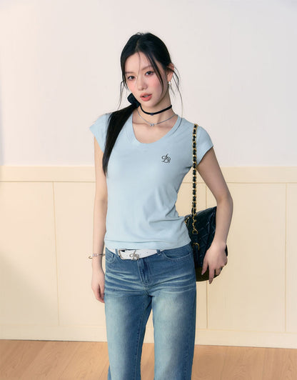 Loose Draped U-Neck Embroidered T-Shirt