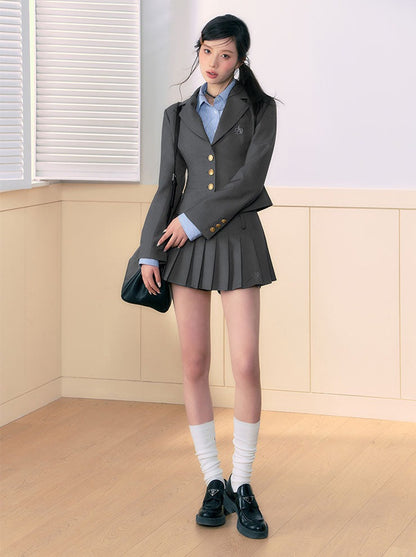 Three-piece short jacket and skirt