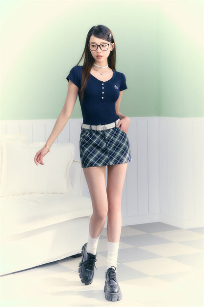 Retro Navy Blue Checked Mini Skirt