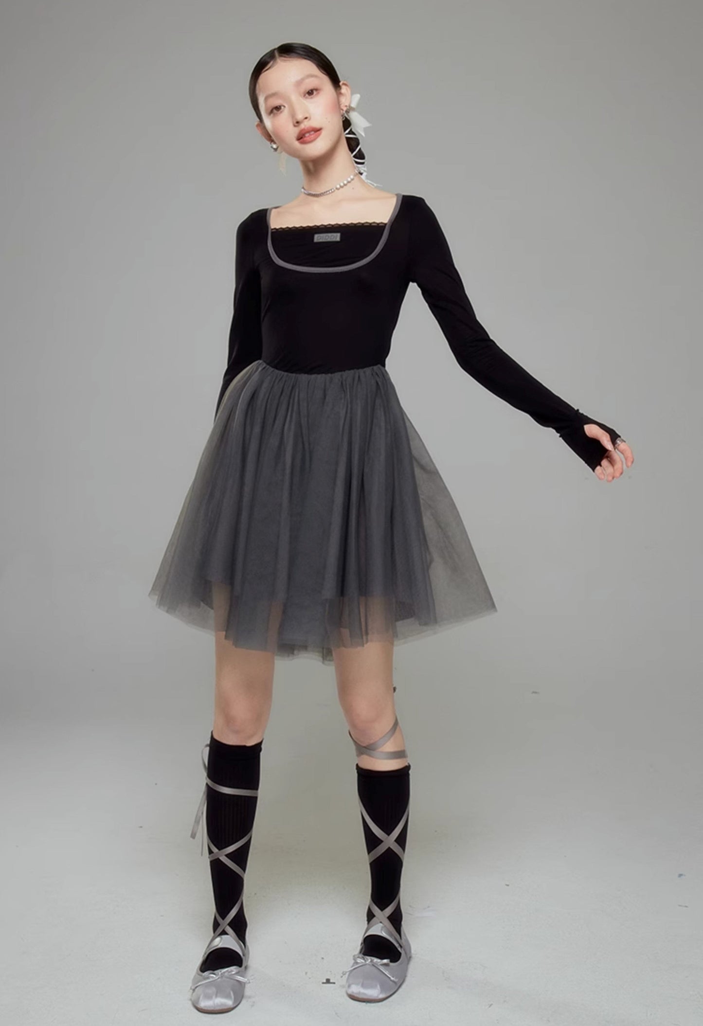 Sweet Ballet Square Neck Splicing Dress