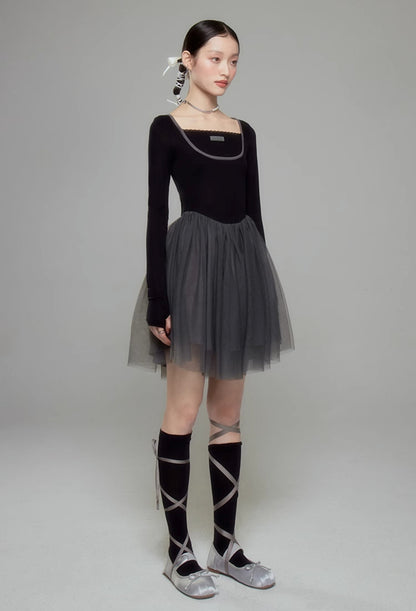 Sweet Ballet Square Neck Splicing Dress