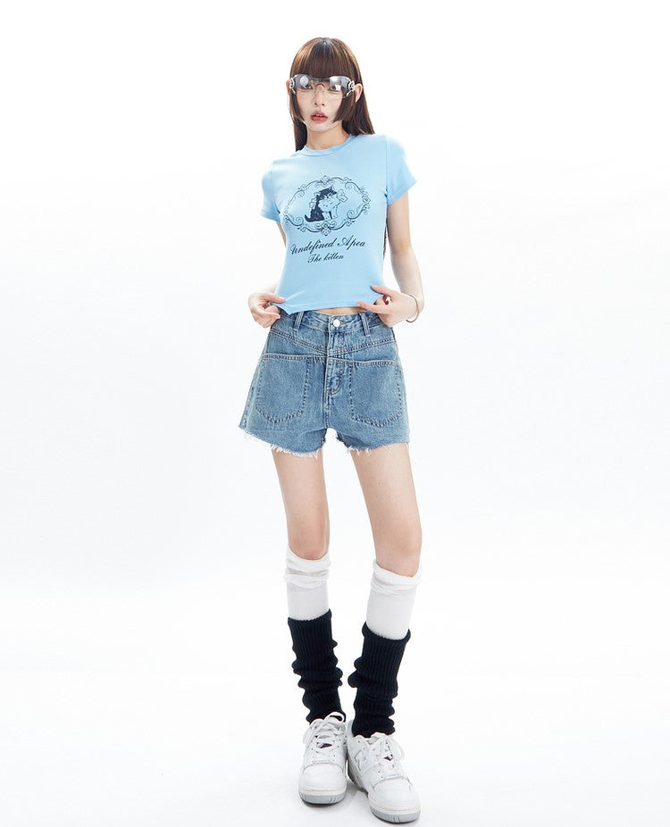 Cat print T-shirt & short denim pants