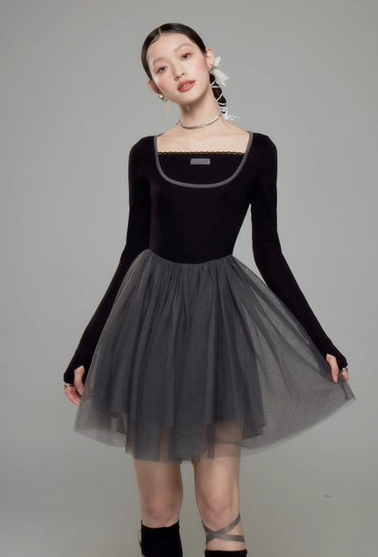 Sweet Ballet Square Neck Splicing Dress