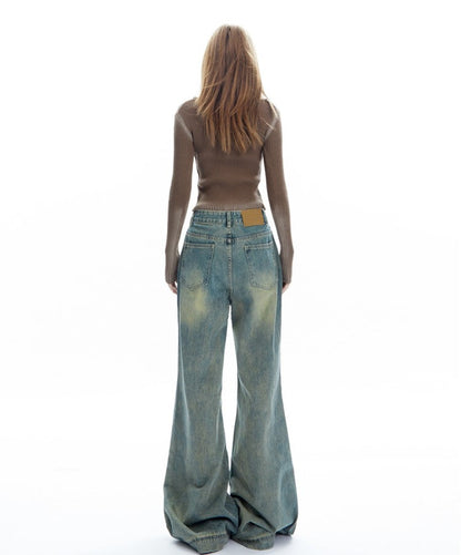 American Retro Washed Distressed Blue Micro-flared Denim