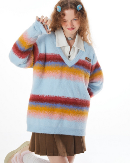 Stitching Rainbow stripes V-neck Sweater