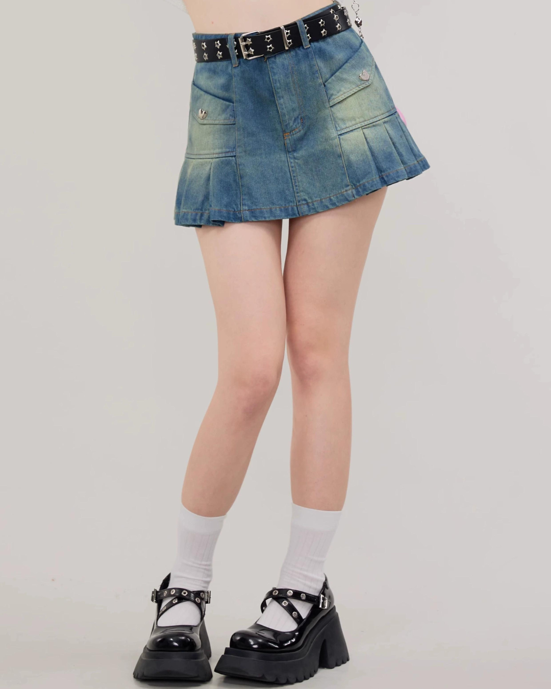 Pleated Denim Mini Skirt