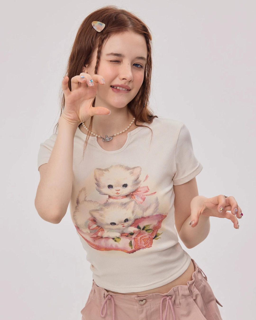 Lovely Cat U Neck Short Sleeve T-Shirt