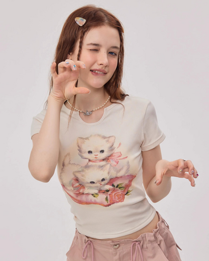 Lovely Cat U Neck Short Sleeve T-Shirt