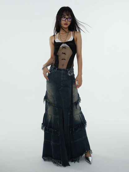 Tassel Design A-Line Denim Maxi Skirt