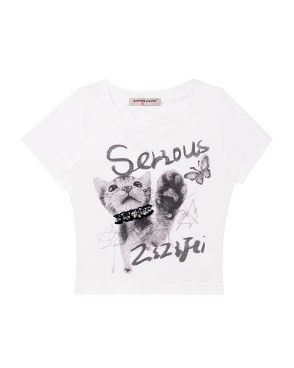 Slim Short Cat Print Round Neck T-Shirt