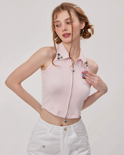 Diamond Halter Neck Zip Shirt