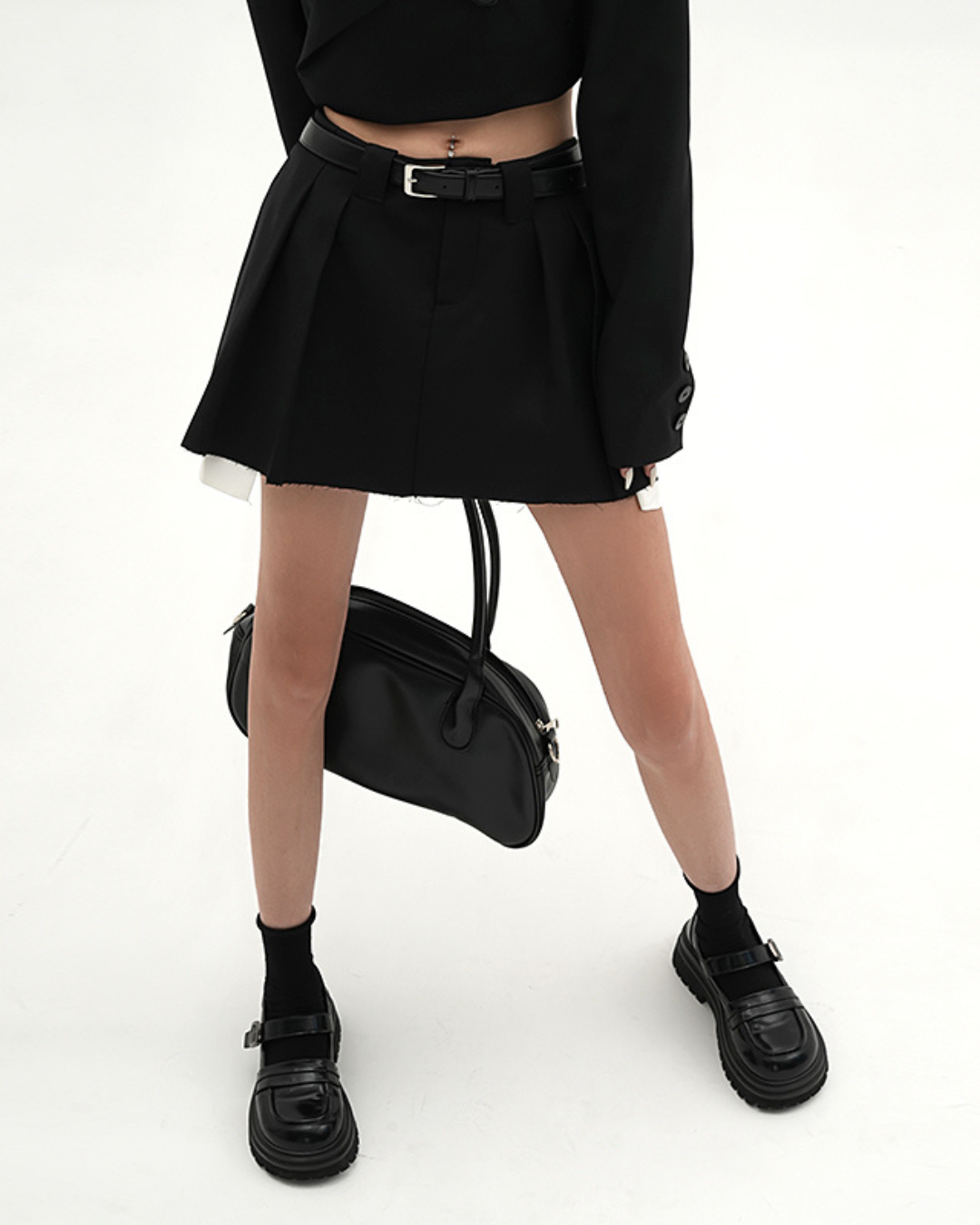 Cropped Belt Jacket & Pleated Skirt