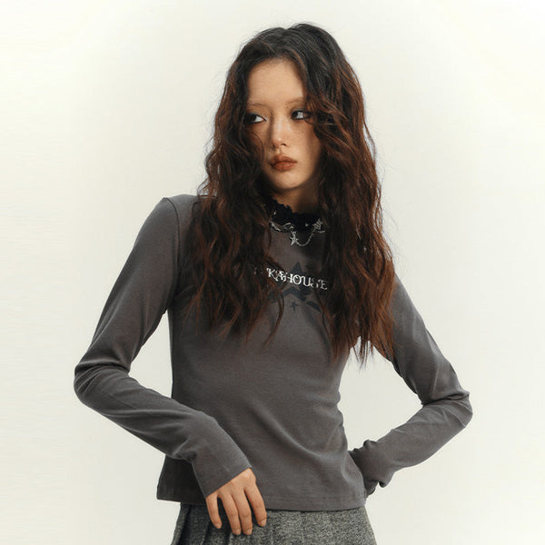 Star Print Slim Crew Neck Top