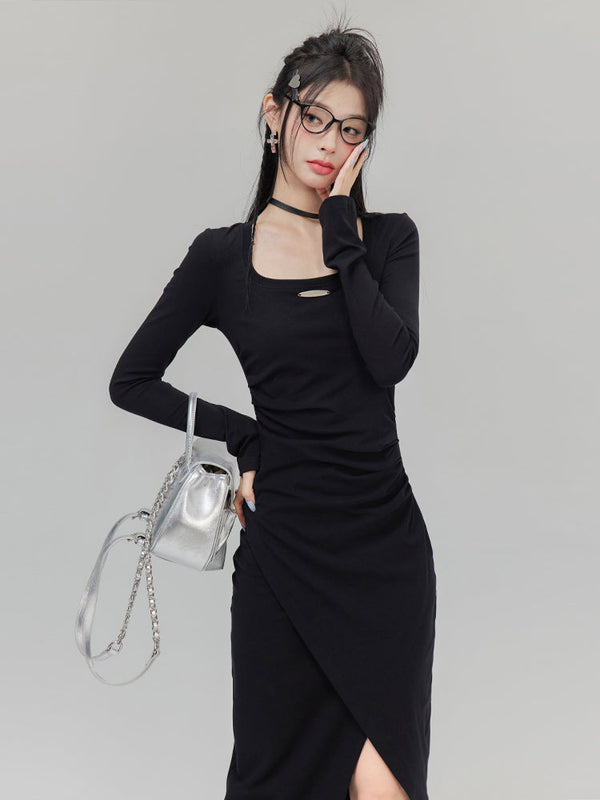 Slit Shirring Slim Dress