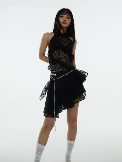 Ruffle Tulle Design Asymmetrical Mini Skirt