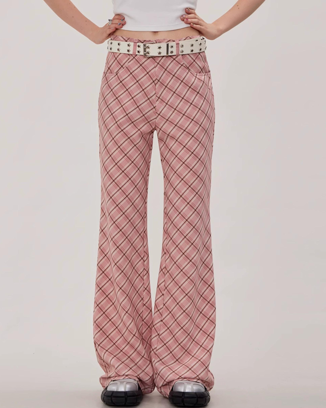 Retro Plaid Flared Straight Pants