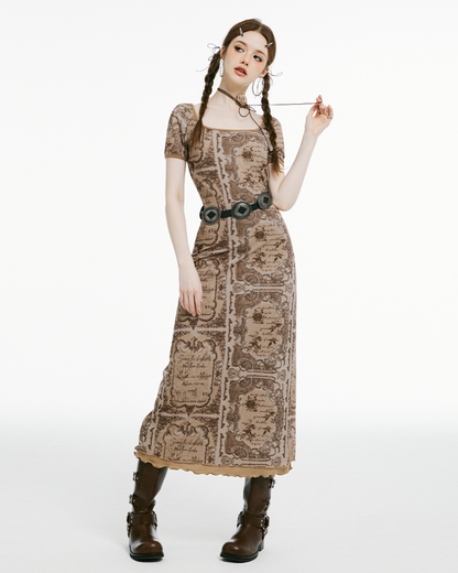 Brown Retro Printed Dress