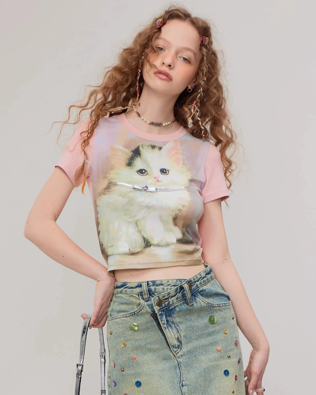 Retro Pink Cat Short Sleeve T-Shirt