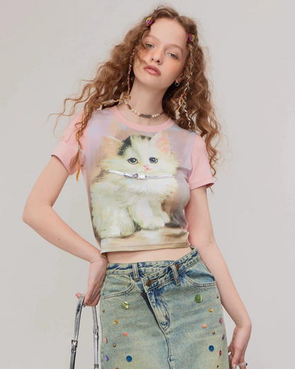 Retro Pink Cat Short Sleeve T-Shirt