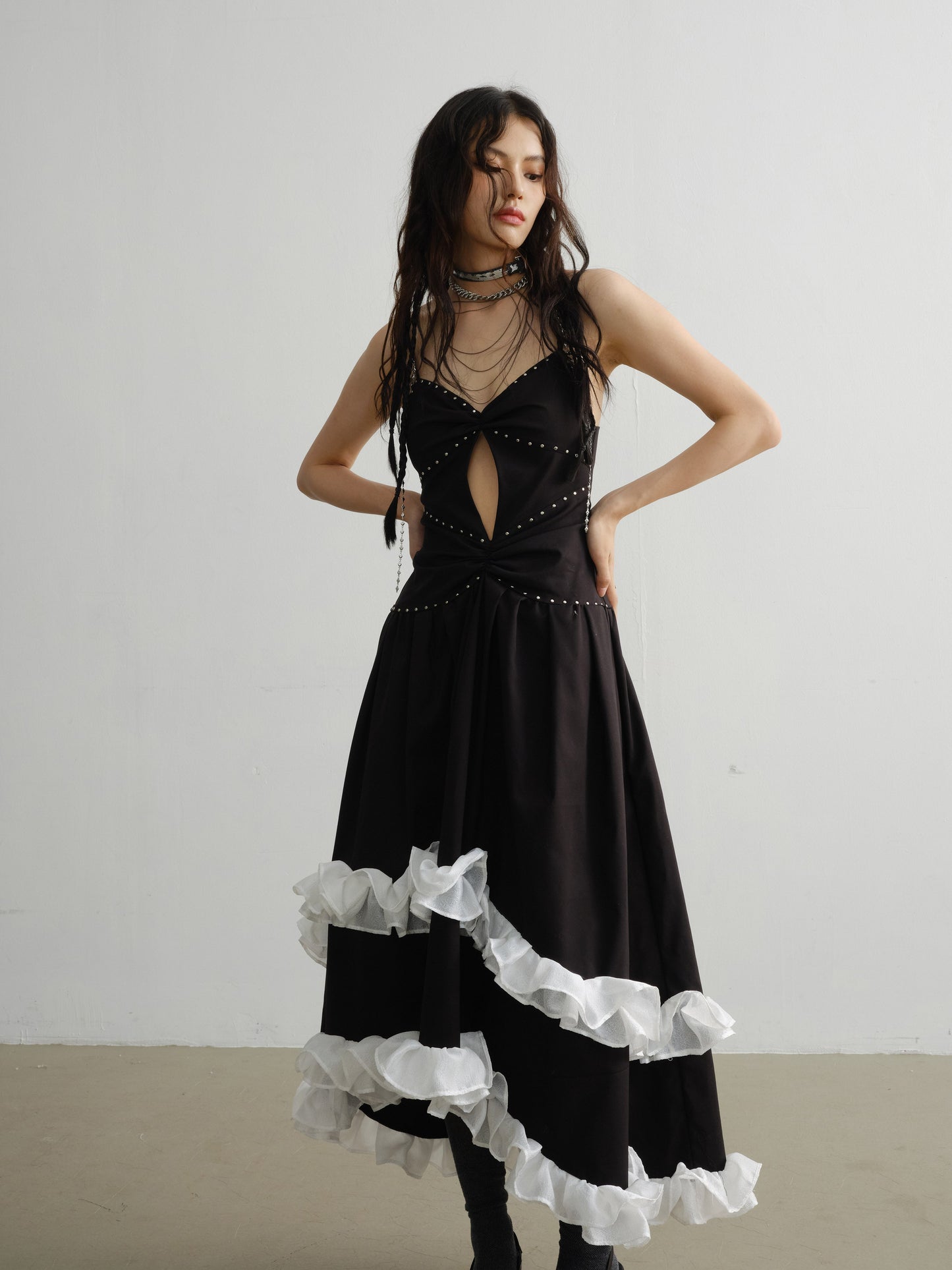 Punk Style Rivets Decorated Contrasting Lace Irregular Dress