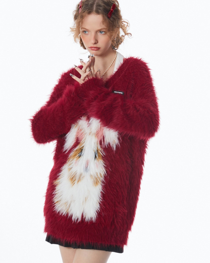 Red Advanced Rabbit V-neck Sweater