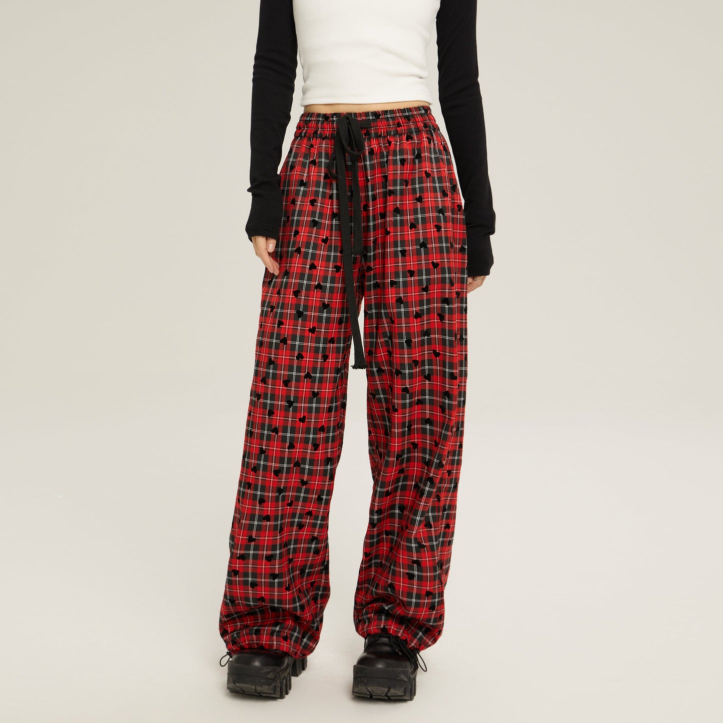 High Waist Loose Casual Check Pants